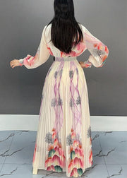 Italian Apricot V Neck Print Wrinkled Long Dress Spring