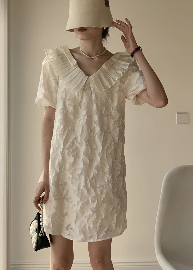 Italian Apricot V Neck Ruffled Patchwork Cotton Mid Dress Puff Sleeve