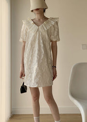 Italian Apricot V Neck Ruffled Patchwork Cotton Mid Dress Puff Sleeve