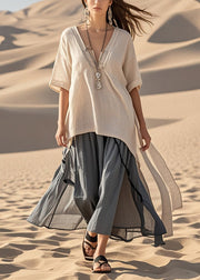 Italian Beige Asymmetrical Patchwork Cotton Long Dress Summer