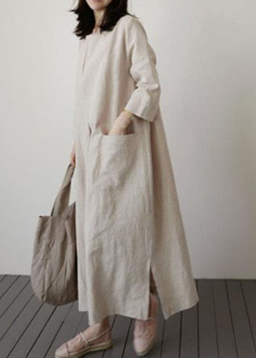 Italian Beige Cinched side open Linen Robe Dresses Spring