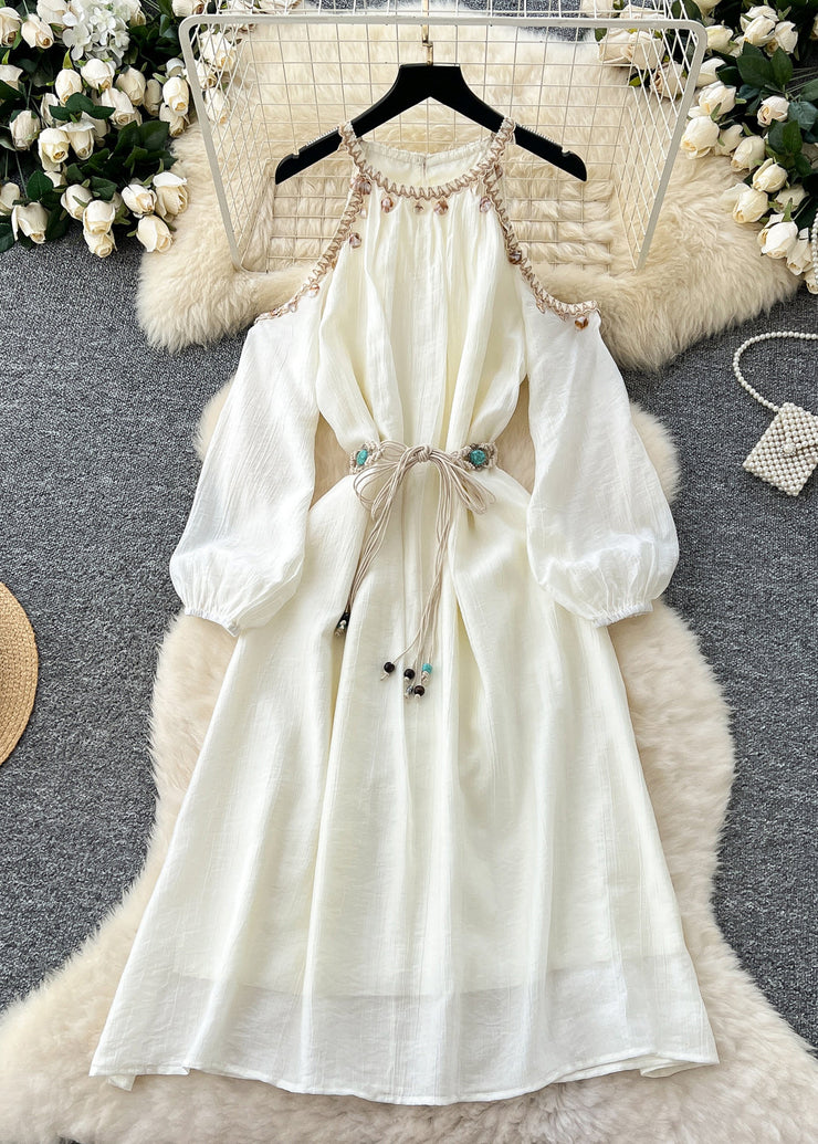 Italian Beige Cold Shoulder Tie Waist Chiffon Dresses Summer