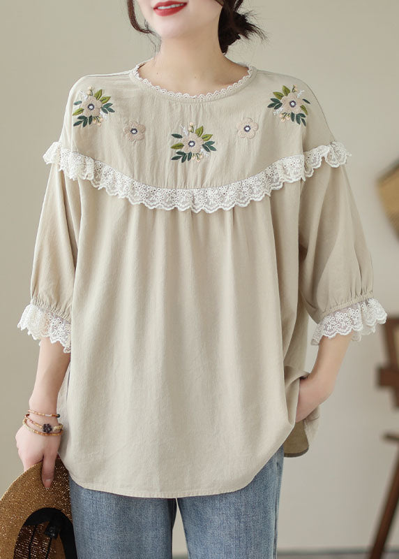 Italian Beige Embroideried Lace Patchwork Cotton T Shirt Tops Summer