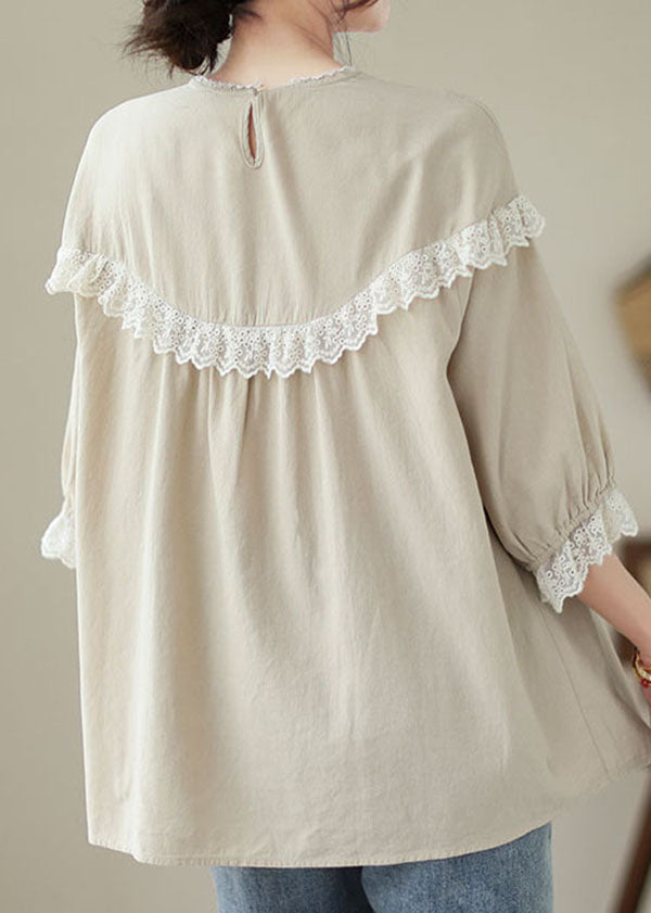 Italian Beige Embroideried Lace Patchwork Cotton T Shirt Tops Summer