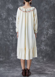 Italian Beige Embroidered Ruffles Cotton Maxi Dresses Fall