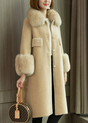 Italian Beige Fox Collar Pockets Woolen Coats Long Sleeve