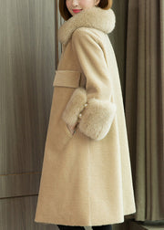 Italian Beige Fox Collar Pockets Woolen Coats Long Sleeve