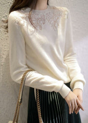 Italian Beige O Neck Hollow Out Patchwork Knit Top Fall