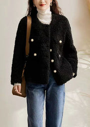 Italian Beige O Neck Pockets Button Patchwork Wool Coats Winter