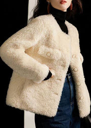 Italian Beige O Neck Pockets Button Patchwork Wool Coats Winter