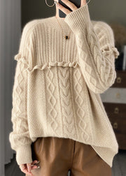 Italian Beige O Neck Ruffled Patchwork Woolen Knit Sweater Spring