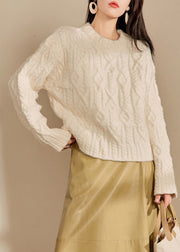 Italian Beige O Neck Thick Cable Knit Sweaters Fall