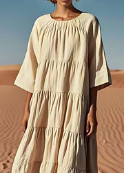 Italian Beige O Neck Wrinkled Patchwork Linen Dresses Summer