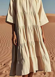 Italian Beige O Neck Wrinkled Patchwork Linen Dresses Summer