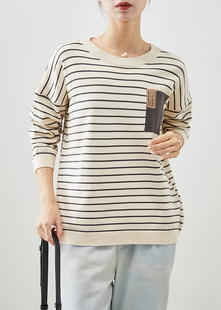 Italian Beige Oversized Striped Knit Short Sweater Fall