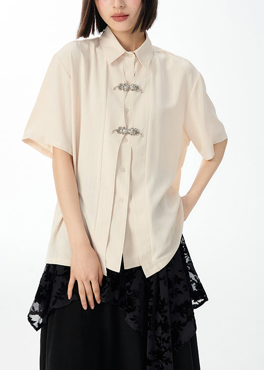 Italian Beige Peter Pan Collar Button Patchwork Chiffon Shirt Top Short Sleeve