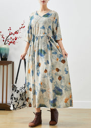 Italian Beige Print Tie Waist Cotton Dress Half Sleeve