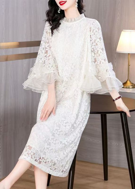 Italian Beige Ruffled Pearl Lace Long Dress Flare Sleeve