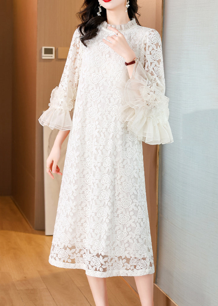 Italian Beige Ruffled Pearl Lace Long Dress Flare Sleeve