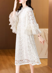 Italian Beige Ruffled Pearl Lace Long Dress Flare Sleeve