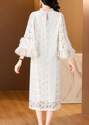 Italian Beige Ruffled Pearl Lace Long Dress Flare Sleeve