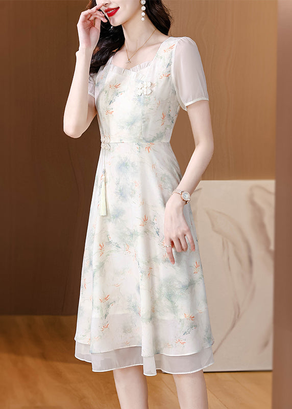 Italian Beige Ruffled Square Collar Print Chiffon Dresses Summer