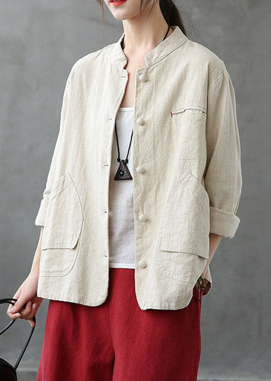 Italian Beige Stand Collar Pockets Patchwork Linen Coats Spring