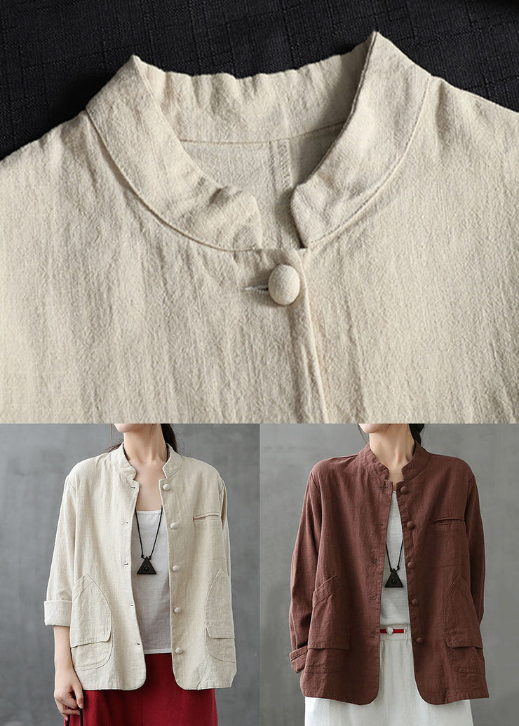 Italian Beige Stand Collar Pockets Patchwork Linen Coats Spring