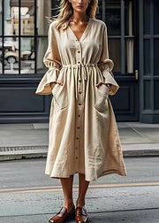 Italian Beige V Neck Drawstring Cotton Long Dress Flare Sleeve