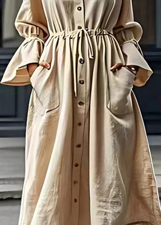 Italian Beige V Neck Drawstring Cotton Long Dress Flare Sleeve