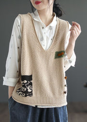 Italian Beige V Neck Patchwork Cozy Cotton Knit Waistcoat Sleeveless