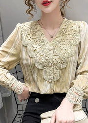 Italian Beige V Neck Patchwork Silk Velour Blouses Long Sleeve