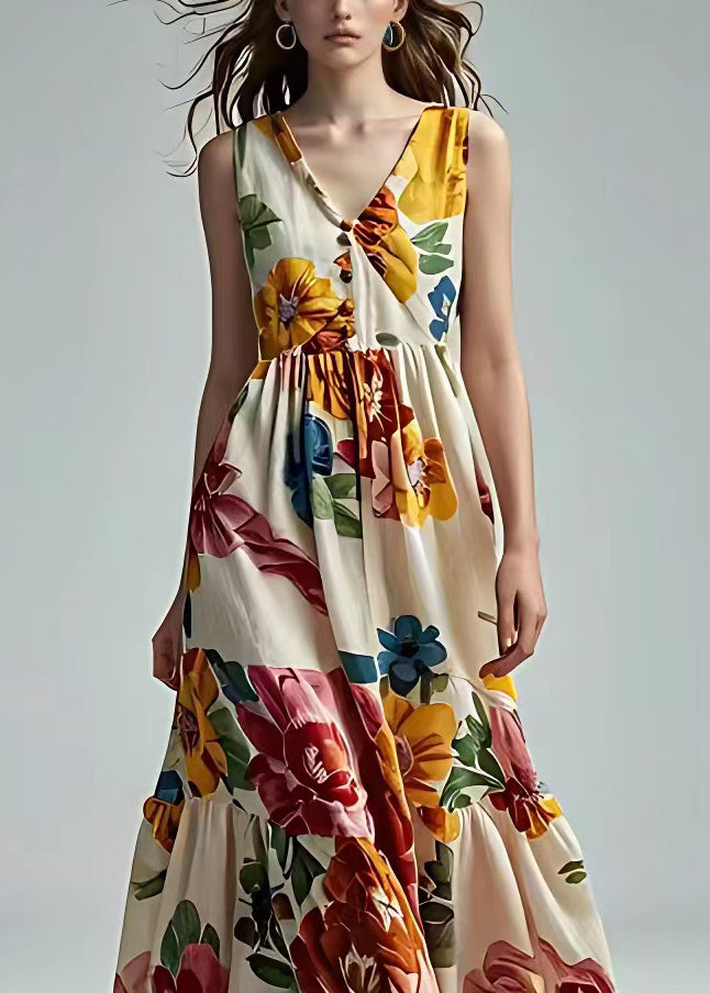 Italian Beige V Neck Print Patchwork Cotton Maxi Dresses Sleeveless