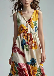 Italian Beige V Neck Print Patchwork Cotton Maxi Dresses Sleeveless