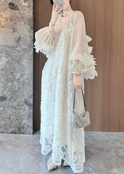 Italian Beige V Neck Tulle Patchwork Lace Long Dresses Spring