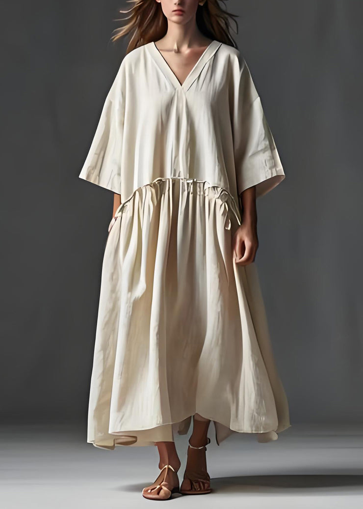 Italian Beige V Neck Wrinkled Patchwork Linen Long Dress Summer