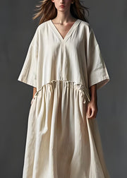 Italian Beige V Neck Wrinkled Patchwork Linen Long Dress Summer