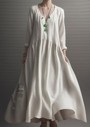 Italian Beige V Neck Wrinkled Patchwork Silk Long Dresses Summer