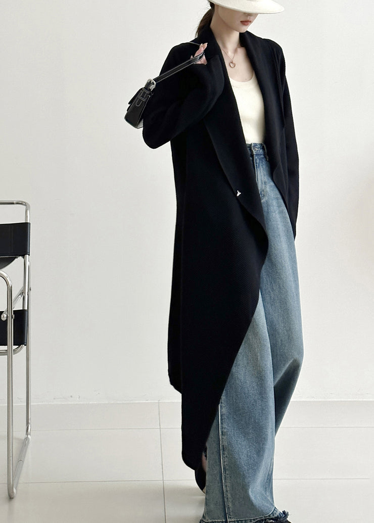 Italian Black Asymmetrical Cozy Knit Long Cardigans Fall