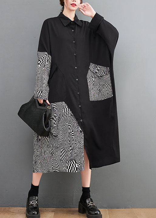 Italian Black Asymmetrical Patchwork Print Cotton Dresses Spring