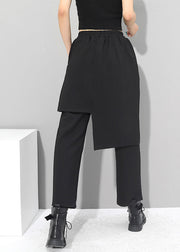 Italian Black Asymmetrical Pockets Elastic Waist Cotton Pants Skirt Fall