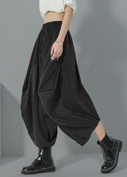 Italian Black Asymmetrical Pockets Striped Patchwork Wide Leg Pants Summer