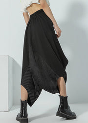 Italian Black Asymmetrical Pockets Striped Patchwork Wide Leg Pants Summer