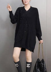 Italian Black Asymmetrical Thick Patchwork Sequins Cotton Knit Sweaters Winter