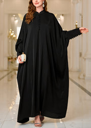 Italian Black Button Solid Cotton Maxi Dresses Batwing Sleeve