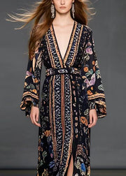 Italian Black Cinched Print Side Open Chiffon Dresses Spring