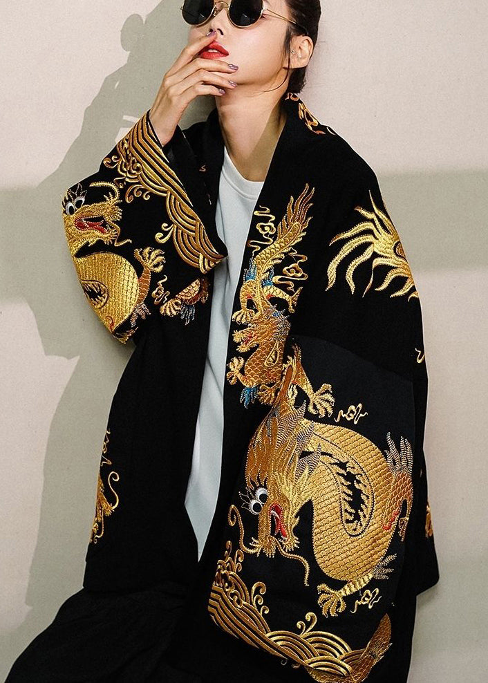 Italian Black Dragon Embroidered Oversized Cotton Cardigan Fall