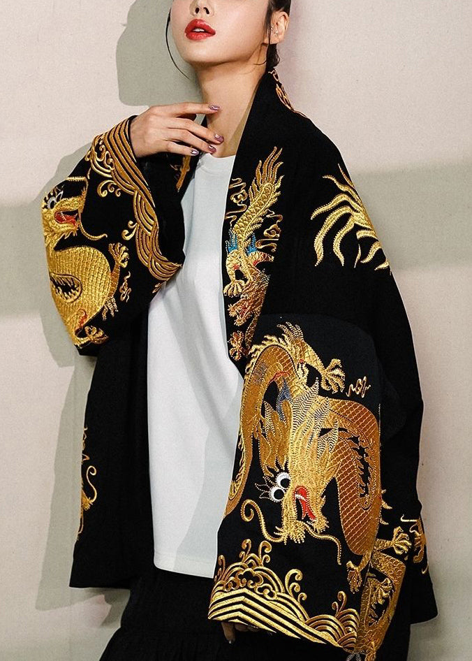 Italian Black Dragon Embroidered Oversized Cotton Cardigan Fall