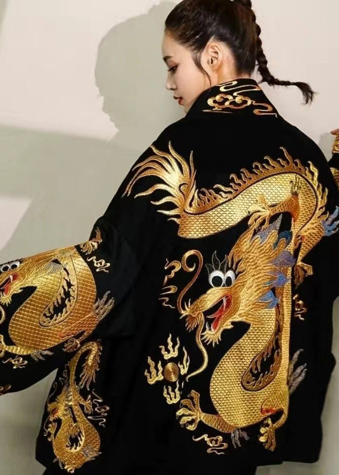 2024 Trendy Gold Painted Dragon Oversized Cotton Cardigan Jacket