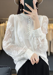 Italian Black Embroidered Button Chiffon Shirt Long Sleeve